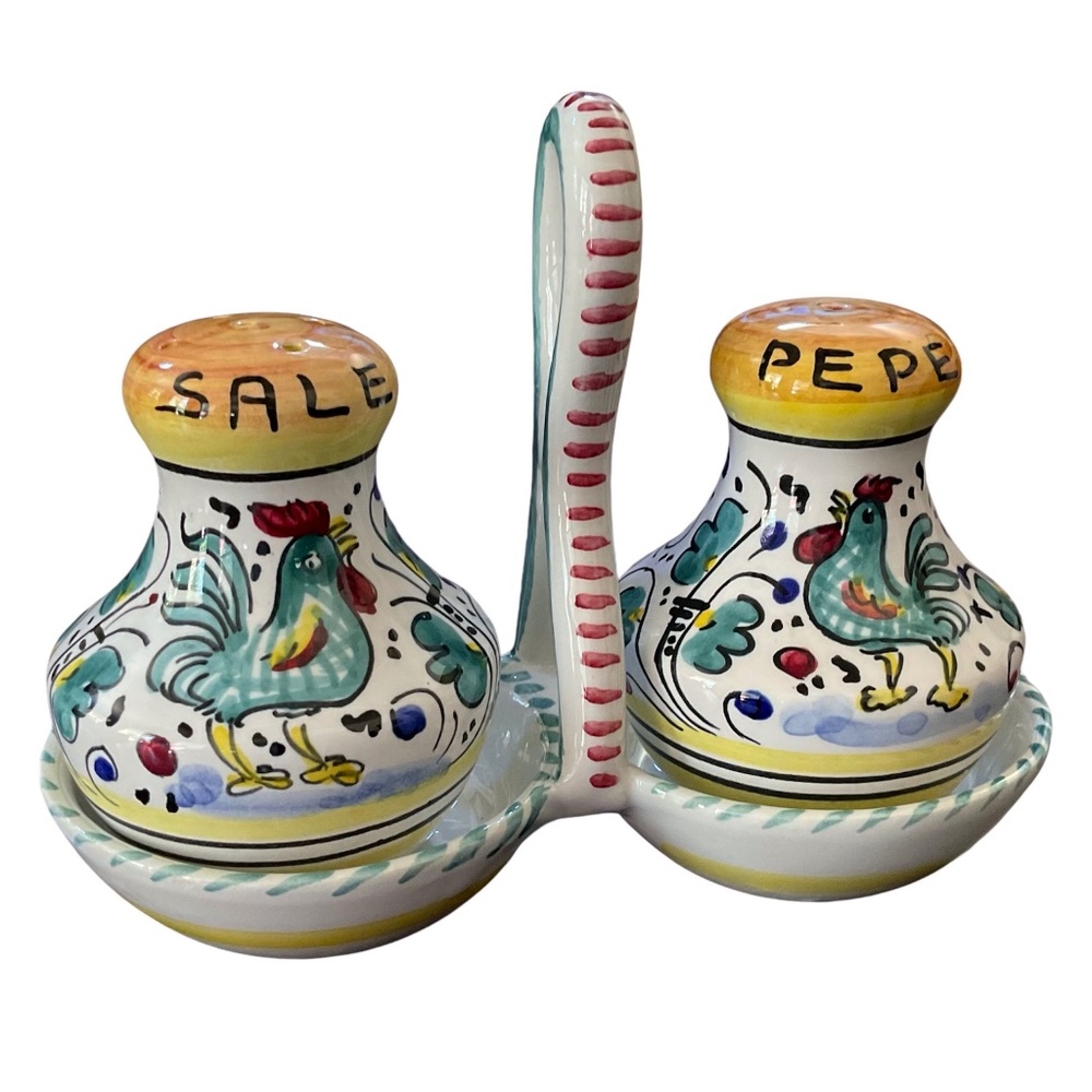 Deruta Italian - Rooster Salt & Pepper Shakers Set w/ Stand - Hand Painted Italy